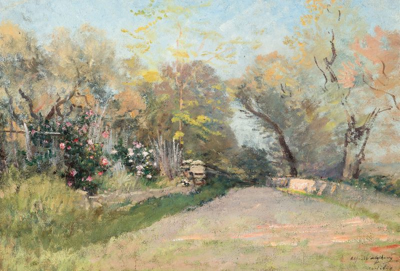 Landscape near Antibes. Study by Alfred Wahlberg, oil painting depicting gentle slopes and shimmering water.