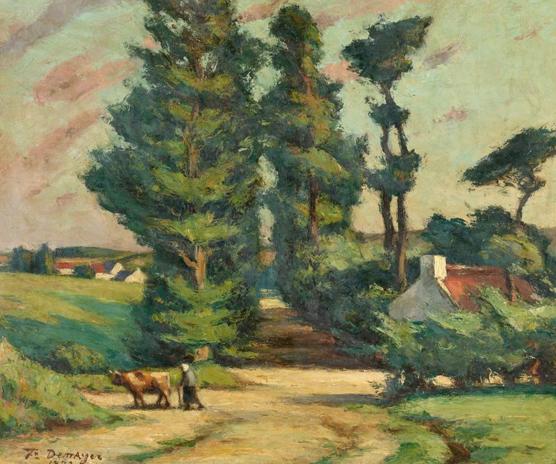 Britton Landscape de Félix Denayer, óleo sobre tela retratando uma floresta vibrante e céu.