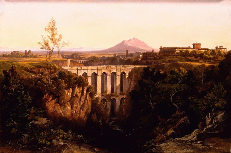 Acuarela de Edward Lear que representa Civita Castellana con arquitectura antigua y tonos suaves.