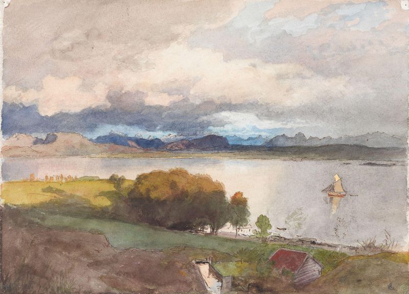 Vista del fiordo de Molde con reflejos, pintura al óleo de Hans Gude