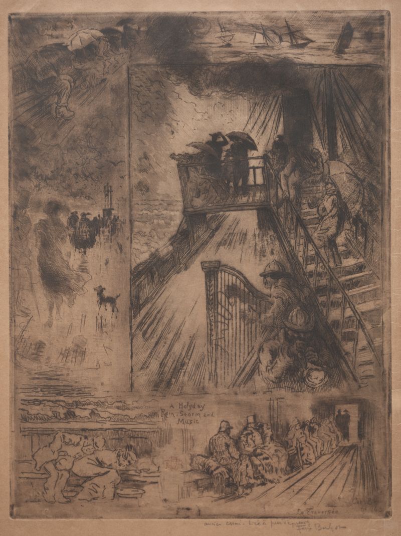 Gravura de Félix Hilaire Buhot mostrando figuras em uma ponte ao crepúsculo.