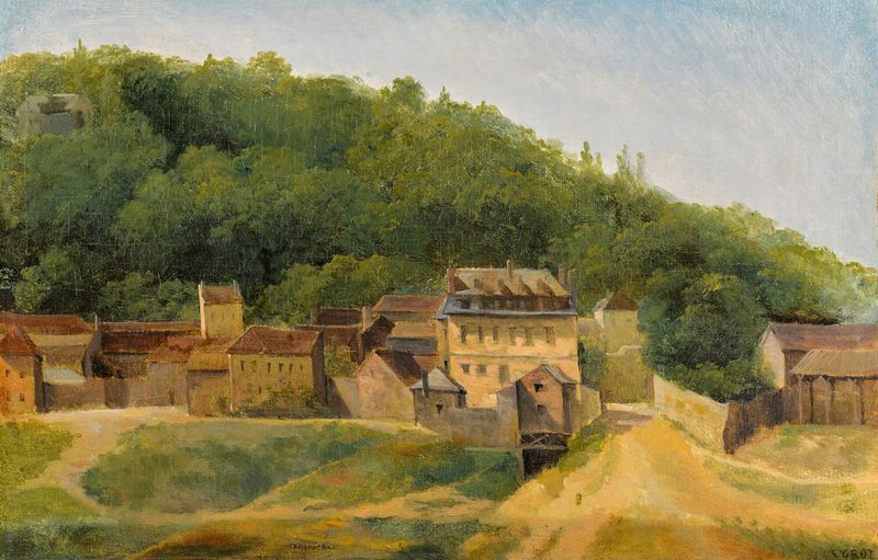 As Casas Cabassud, óleo sobre tela de Jean-Baptiste-Camille Corot, retratando casas ao pôr do sol.