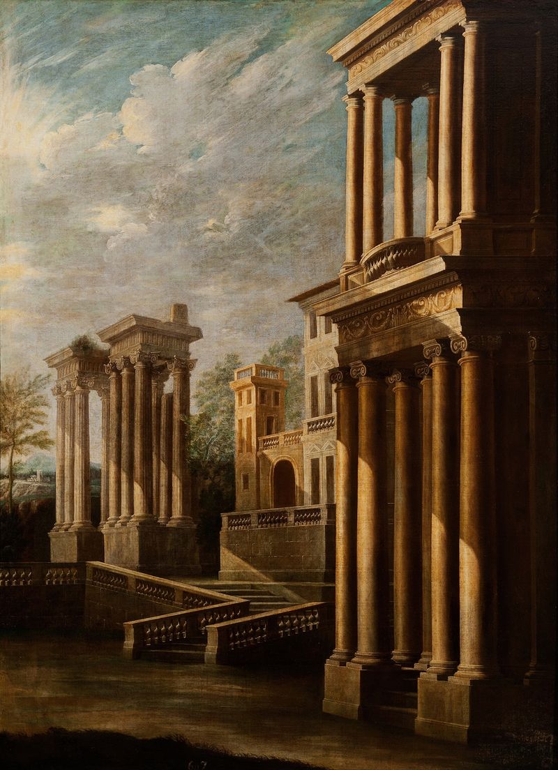 Exterior View of Buildings by Leonardo Coccorante, oil on canvas depicting urban architecture.