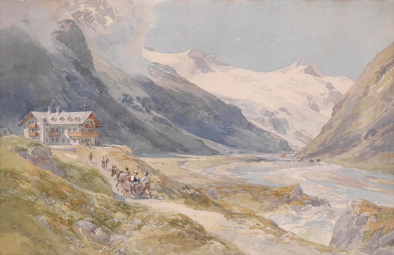 Oil painting by Edward Theodore Compton featuring mountains and snow.