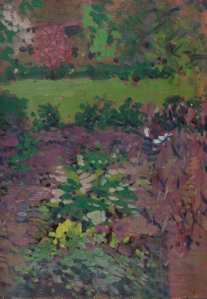 Pintura botânica a óleo de Denman Waldo Ross mostrando uma mulher em um jardim