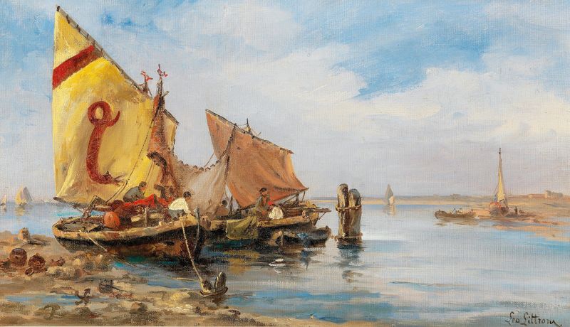Fishermen in the Venetian Lagoon by Leontine von Littrow, oil painting depicting fishermen at twilight.