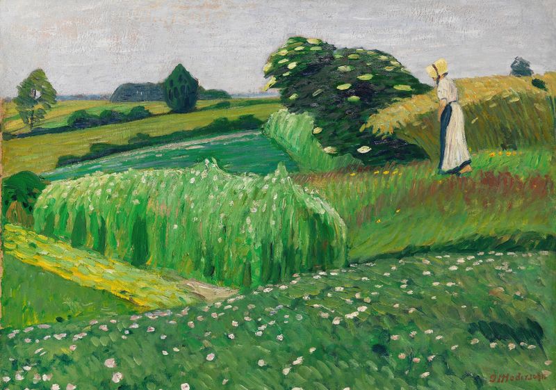 Landscape of a meadow with sunlight filtering through trees, oil on canvas by Otto Modersohn.
