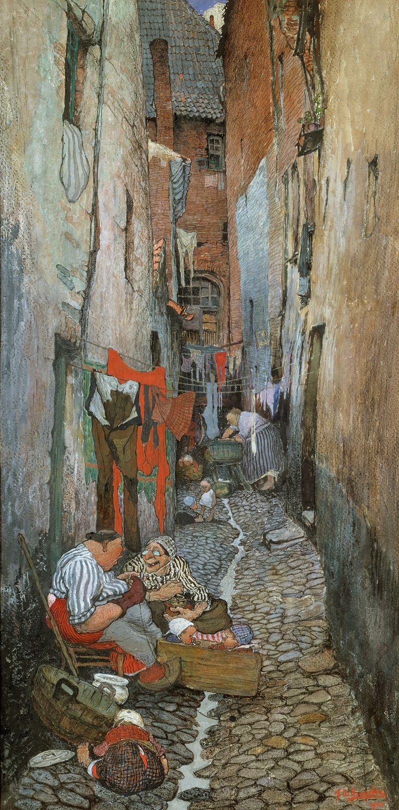 Alley by Jules De Bruycker, an impressionism oil painting depicting light and shadows on cobblestones.
