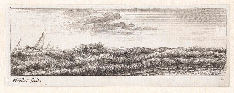 Grabado de Wenceslaus Hollar que representa una costa con olas y reflejos de luz