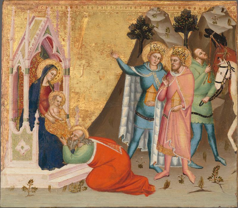 Tempera sobre panel de Master of the Ashmolean Predella que muestra a tres magos arrodillados en un establo.
