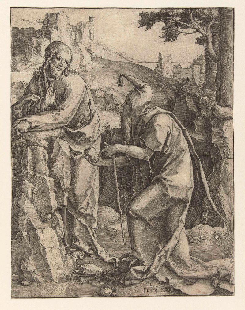 Grabado de Lucas van Leyden que representa a Cristo en contemplación con figuras etéreas