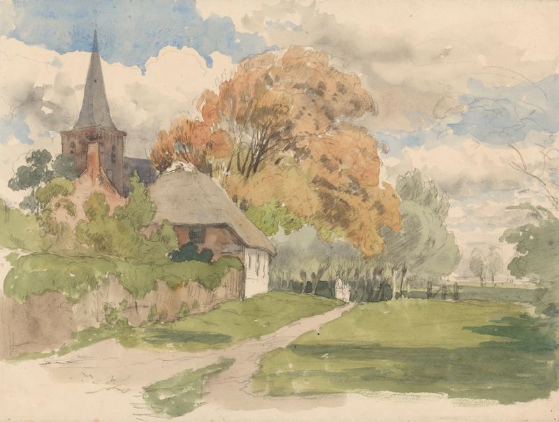 Landscape featuring a village church in greenery by Julius Jacobus van de Sande Bakhuyzen, oil painting