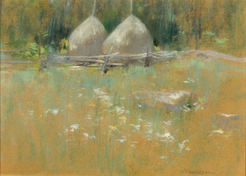 Haystacks At Edge Of Woods, óleo de John Henry Twachtman, que muestra montones de heno al anochecer cerca de un bosque.