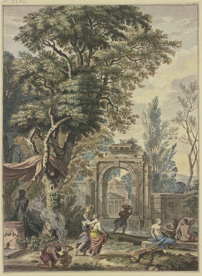 Antikes Portal, óleo sobre lienzo de Isaac de Moucheron, con una estatua de Pan junto a un altar.