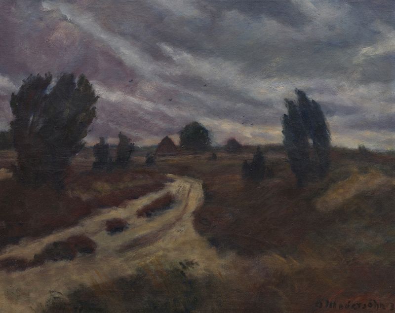 Lüneburger Heide de Otto Modersohn, pintura al óleo que representa flores de brezo en un paisaje.