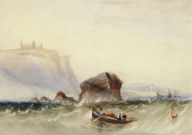 Tres hombres en un bote a remos cerca de una costa rocosa, pintura al óleo de Circle of Henry Barlow Carter