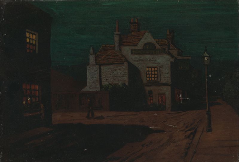 The Black Lion, Chelsea by Night, óleo de Walter Greaves que muestra la silueta de un león contra un fondo nocturno.