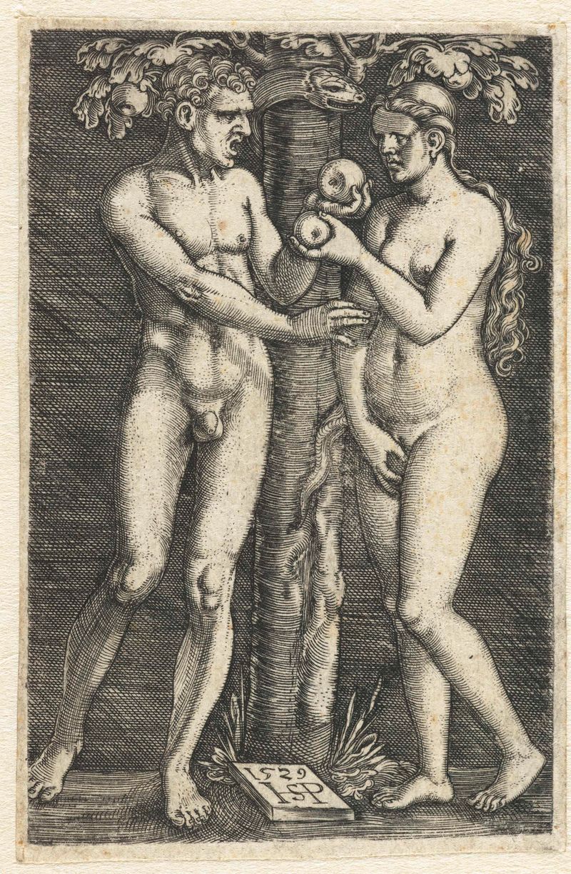 Grabado de Hans Sebald Beham que representa a Adán y Eva en el paraíso, rodeados de fruta.