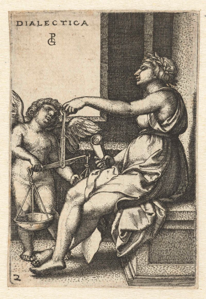 Gravura de Georg Pencz representando uma mulher e um homem que simbolizam razão e retórica.