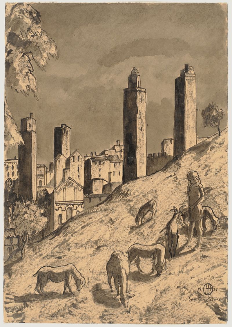 San Gimignano by Hermann Lismann, modernism, landscape featuring medieval towers and a soft sky