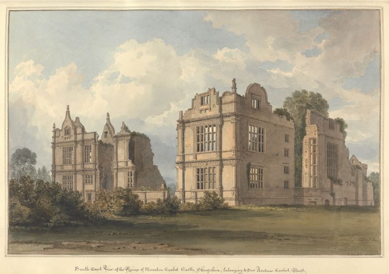 Aquarela de John Buckler mostrando as ruínas do Castelo de Moreton Corbet em Shropshire