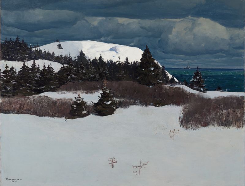 Maine Coast de Rockwell Kent, expresionismo, que representa acantilados y océano en colores vibrantes