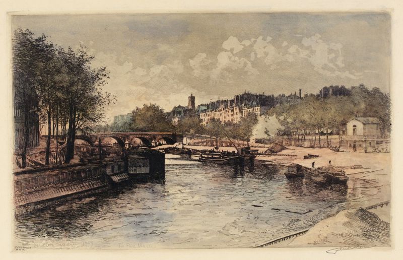 La Seine et le Pont-Marie by Lucien Marcelin Gautier, impressionism, depicting a river and bridge under an overcast sky.