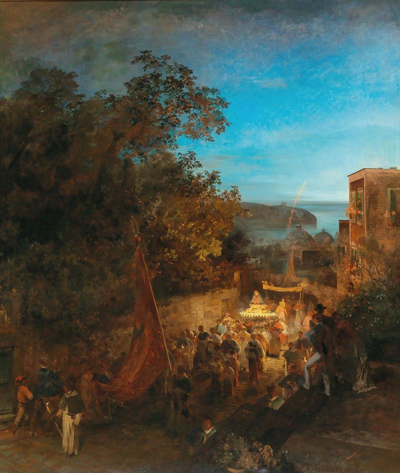 Cena de gênero que retrata aldeões celebrando com comida e dança, pintura a óleo de Oswald Achenbach