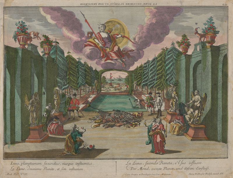 Grabado de Georg Balthasar Probst que representa la luna y la influencia celestial.