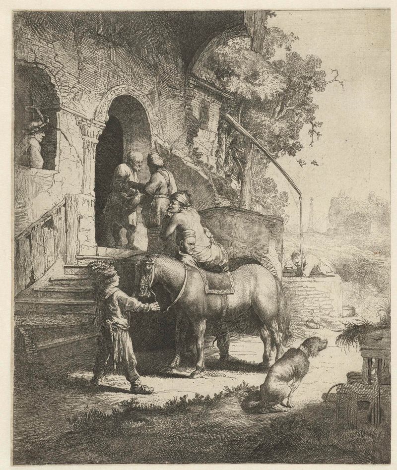 The Good Samaritan etching by Salomon Savery, depicting a Samaritan aiding a wounded traveler.