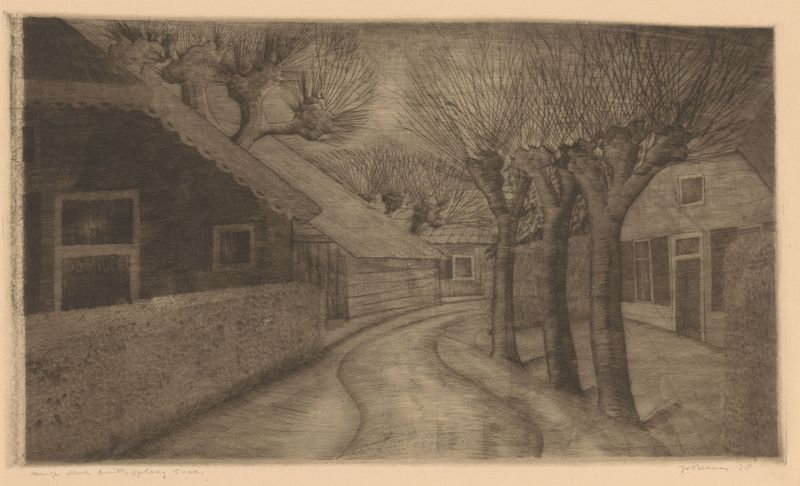 Landscape featuring a winding road through a village by Jo Bezaan, 1928