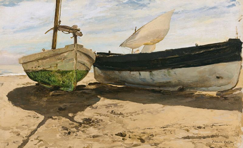 Fishing boats on the beach, oil on canvas by Joaquín Sorolla