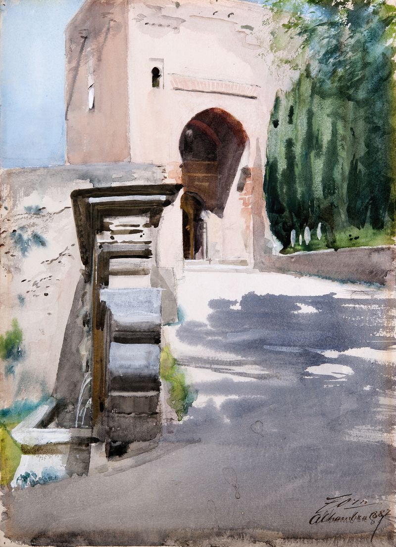 Gateway in Alhambra, oil on canvas by Anders Zorn, featuring an ornate archway and intricate stonework.