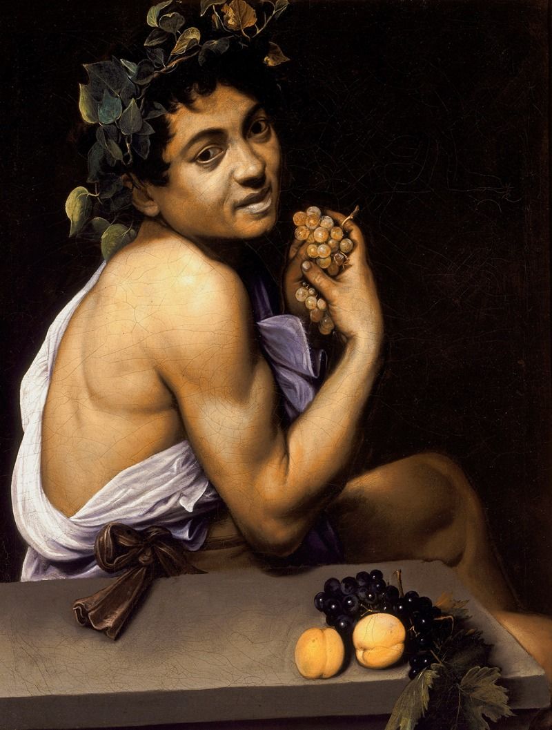 Young Sick Bacchus by Caravaggio, oil on canvas, features a languid figure draped in foliage.