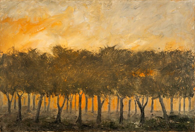 Solitary figure in a garden at twilight, oil on canvas by August Strindberg