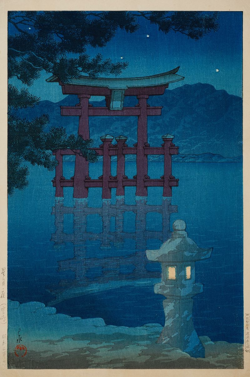 Paisaje Ukiyo-e de Kawase Hasui que representa una noche estrellada en Miyajima