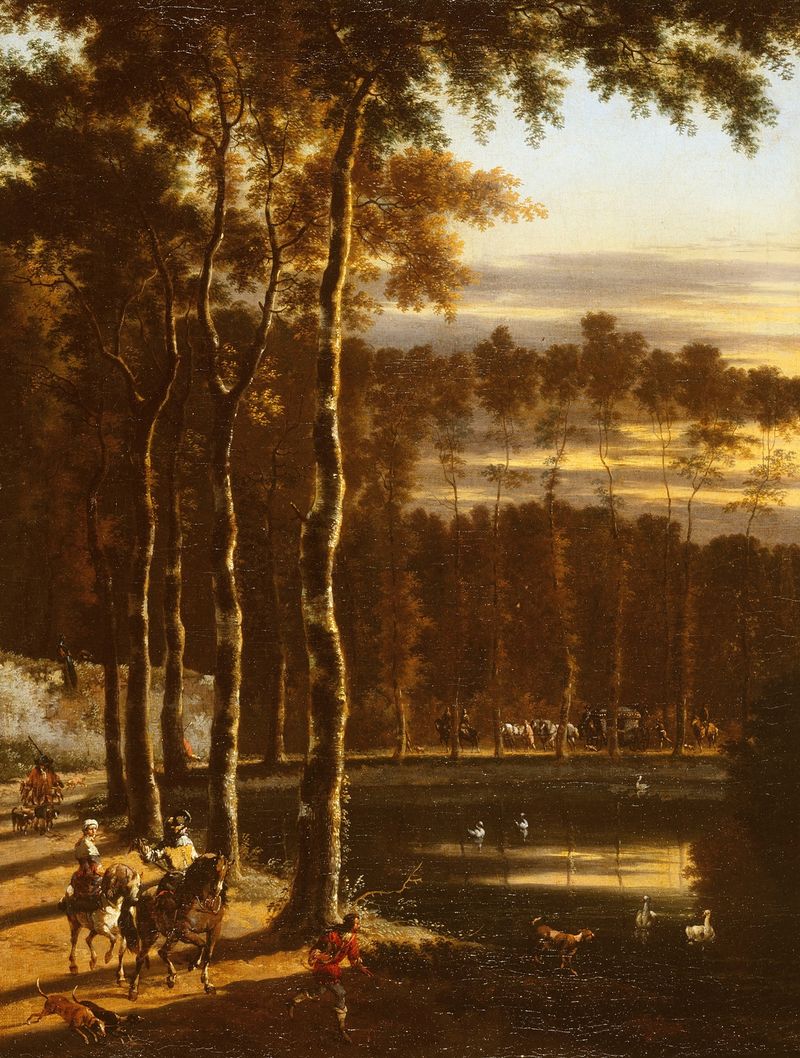 L’Allée aux frênes by Jan Hackaert, oil painting of a tranquil path with ash trees.