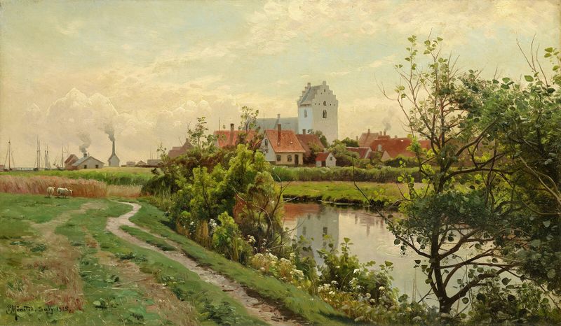 A Sunny Day, Såby de Peder Mørk Mønsted, óleo sobre tela representando luz solar e árvores.