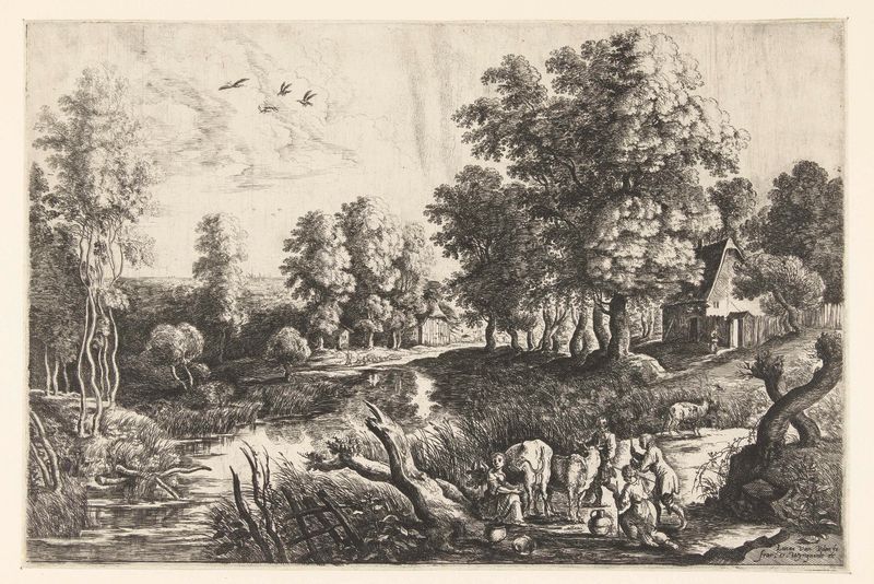 Boeren met vee bij een beek etching by Lucas van Uden showing farmers with cattle by a river
