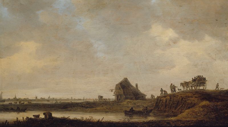 L’Auberge au bord de la rivière, pintura al óleo de Jan van Goyen que representa una escena de río tranquila.