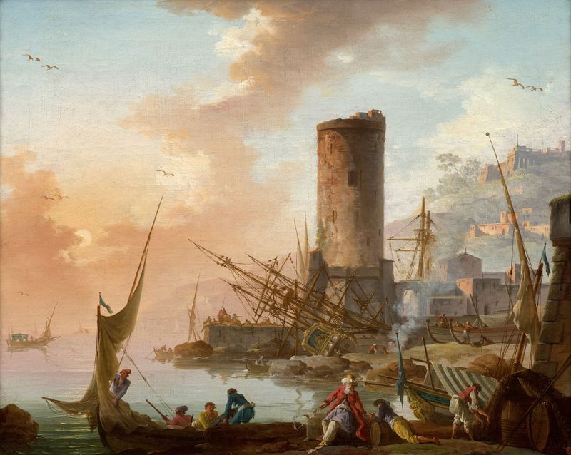 Rococo genre scene depicting fishermen and merchants in a Mediterranean port by Charles-François Lacroix
