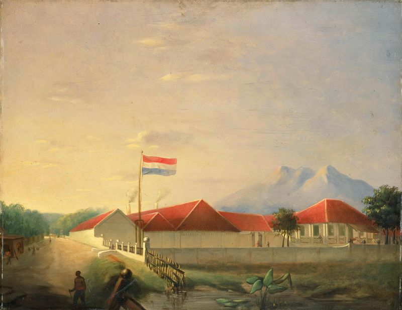 A Factory on Jawa, oil on panel by H.Th. Hesselaar, depicting industrial buildings against a muted sky.