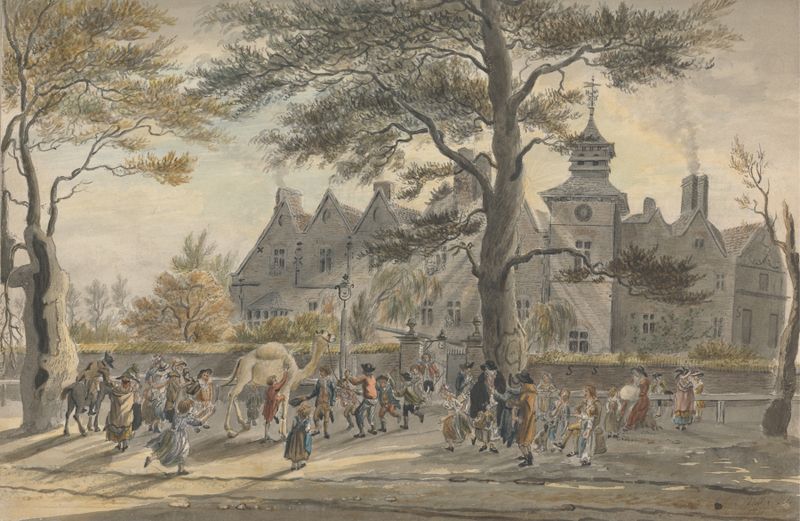 Escena de género que muestra niños en un patio, pintura al óleo de James Miller