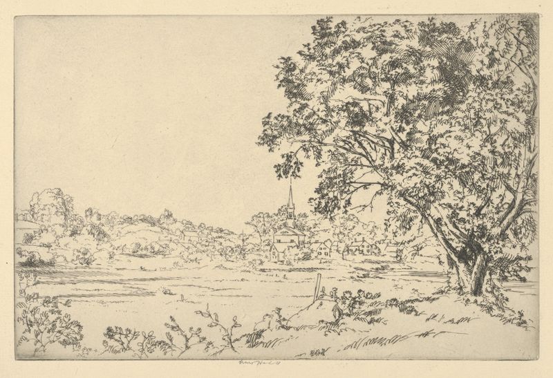 Paisaje de Phippsburg de Ernest Haskell, pintura al óleo con colinas, agua y un cielo suave.