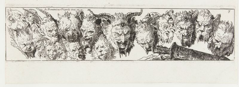 Grotesken en saterkoppen gravura de Giovanni Domenico Tiepolo representando sátiros caprichosos