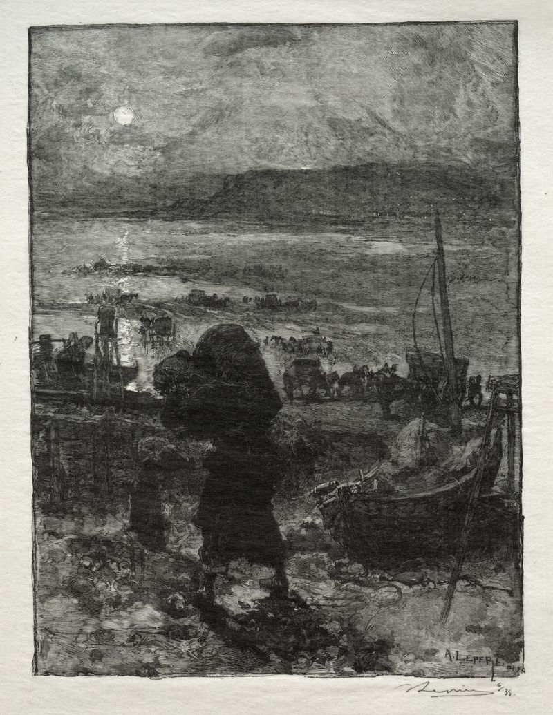 Grabado de Auguste Louis Lepère que muestra figuras recogiendo arena bajo un vasto cielo.