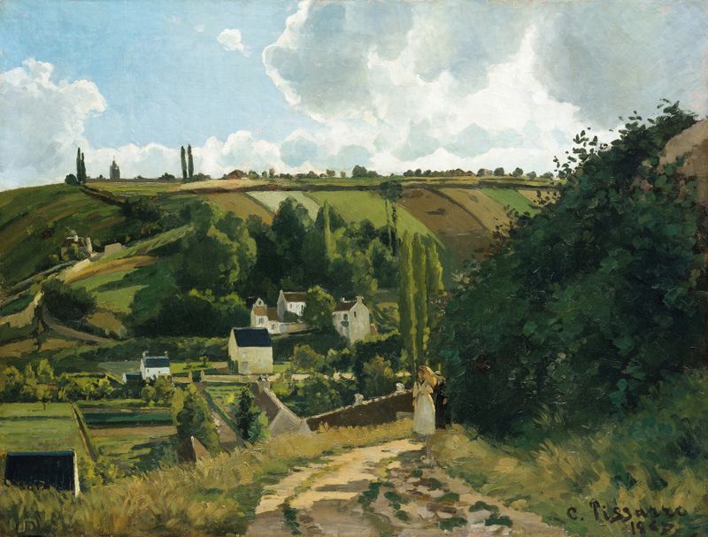 Jalais Hill, Pontoise de Camille Pissarro, óleo sobre lienzo que muestra árboles y luz solar.