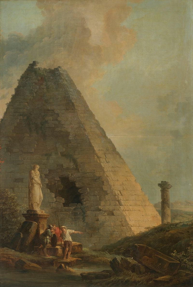 A Capriccio With The Pyramid Of Cestius, óleo sobre tela de Hubert Robert, retratando viajantes em uma paisagem.