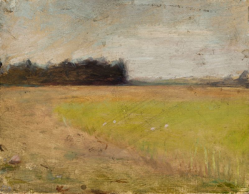 Paisagem na Finlândia de Jan Ciągliński, pintura a óleo que retrata um lago sereno e uma floresta.