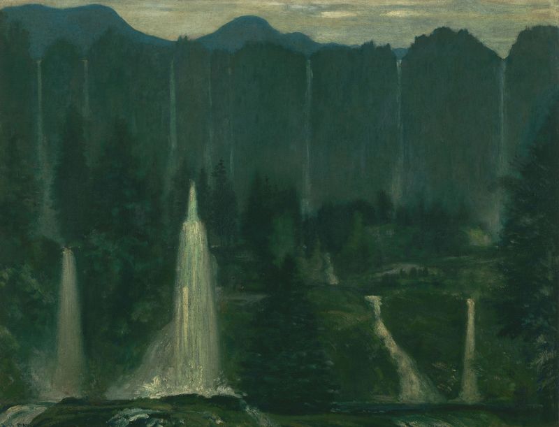 Paisagem etérea com água e folhagem, óleo sobre tela de Arthur Bowen Davies